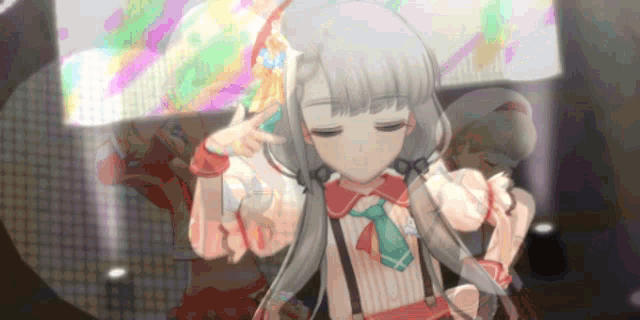 a girl with gray hair and a green tie is dancing in a video game