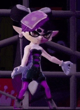 a cartoon character is dancing in a dark room with a purple background