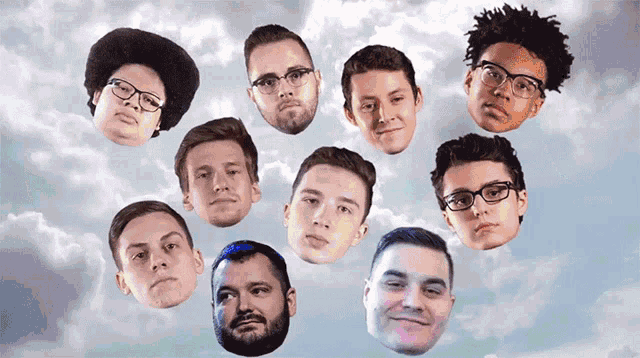 a group of men 's faces are floating in the clouds