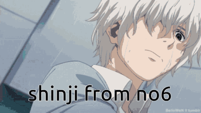 a picture of a boy with the words shinji from no6 on the bottom