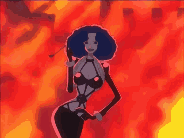 a cartoon drawing of a woman with blue hair