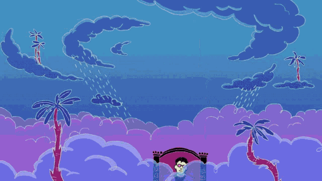 a cartoon of a man sitting on a throne with palm trees and clouds in the background