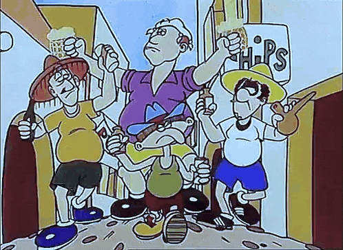 a group of cartoon characters are standing next to each other in front of a sign that says hips