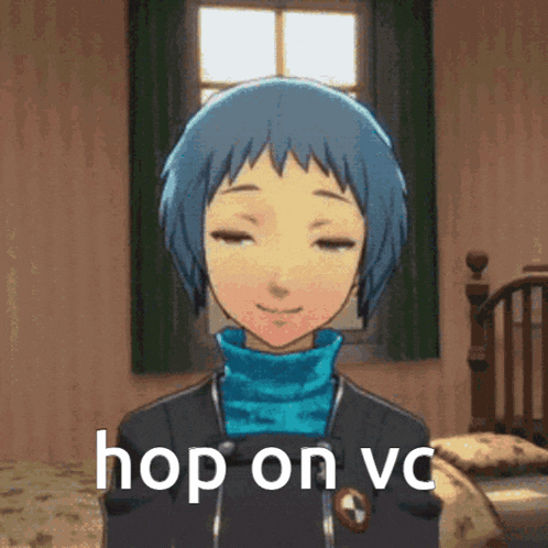 a blue haired anime character with the words hop on vc written below him