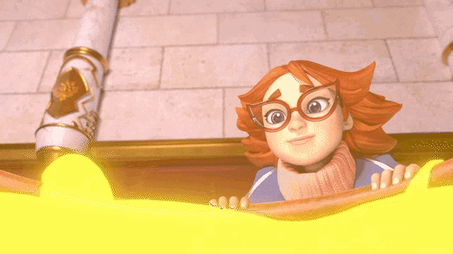 a cartoon girl with glasses and a scarf is looking out of a window