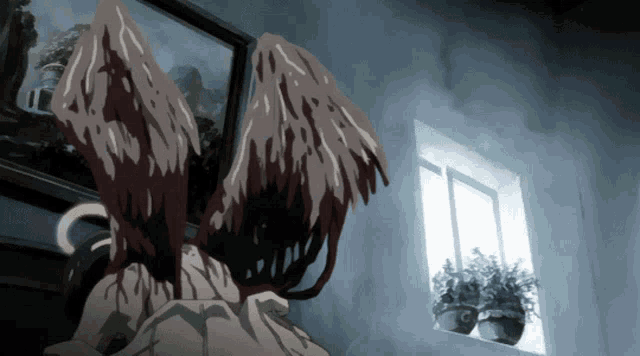a drawing of a person with bloody wings in front of a window with potted plants