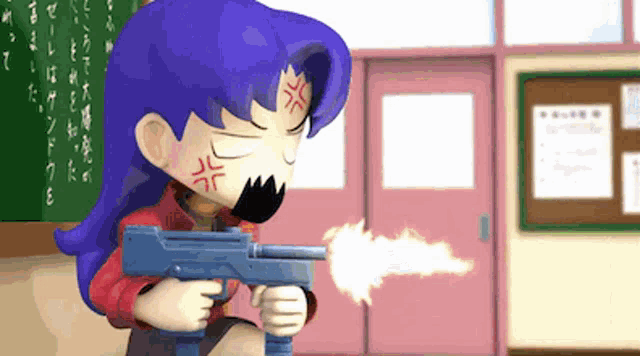 a cartoon character with blue hair is holding a gun in front of a pink door