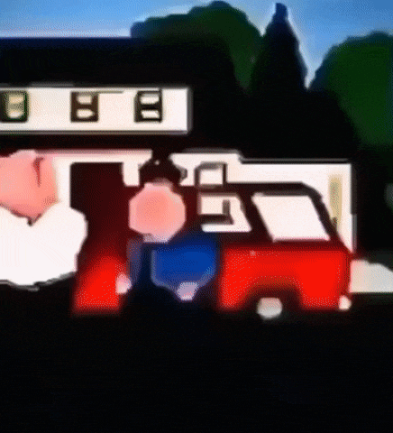 a cartoon drawing of a man standing next to a red car .