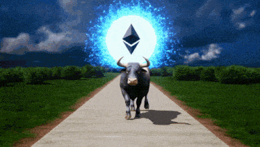 a bull is walking down a road with a large ethereum logo in the background