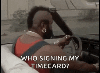 a man with a mohawk is driving a car and asking who signing my timecard .