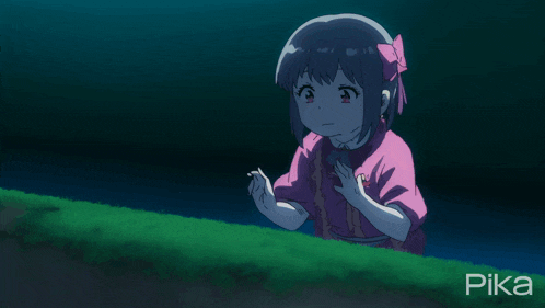 a little girl in a pink dress is standing next to the word pika