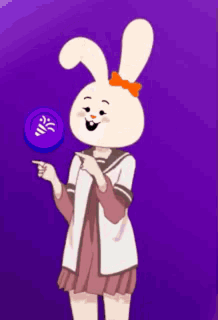 a cartoon character with a rabbit head is holding a lollipop