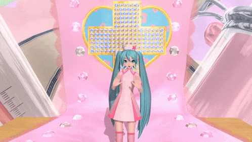 a girl with blue hair and a pink shirt is standing in front of a pink background