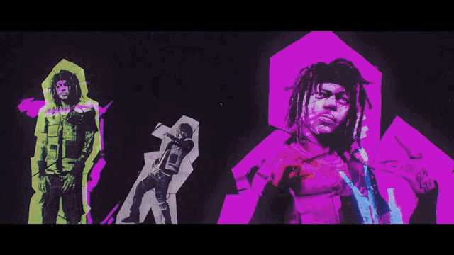 a man with dreadlocks is standing in front of a purple triangle