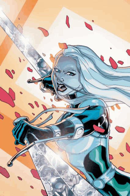 a comic book character holding a sword with petals falling around her