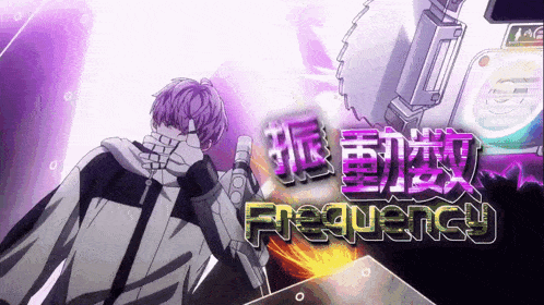 a man with purple hair is holding a microphone in front of a sign that says " frequency "
