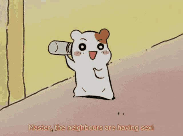 a cartoon of a hamster holding a bottle and saying master the neighbours are having sex