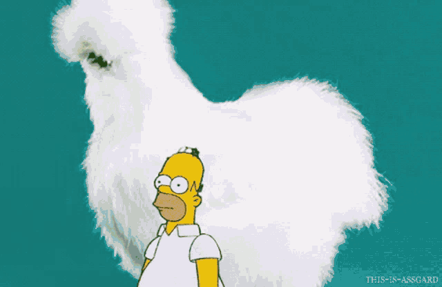 a cartoon of homer simpson standing next to a large white chicken