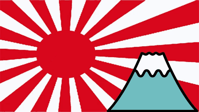 a cartoon character is standing in front of a red and white striped flag with a mountain in the background