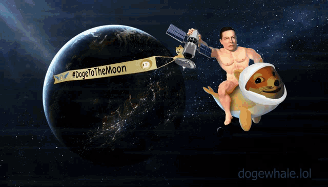 a naked man is riding a doge with a sign that says #dogetothemoon
