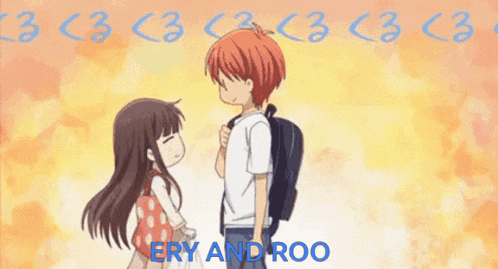 a boy and a girl are standing next to each other with the words " ery and roo " written in blue