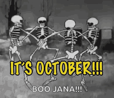 a group of skeletons are dancing in a cemetery with the words `` it 's october !! ''