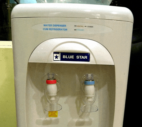 a blue star water dispenser has two faucets on the front