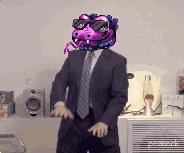 a man in a suit and tie is dancing with a pixelated monster on his head
