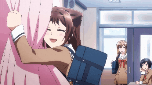 a girl with a cat ear hugging another girl