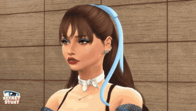 a woman with a blue ribbon in her hair is featured in a video game called secret story