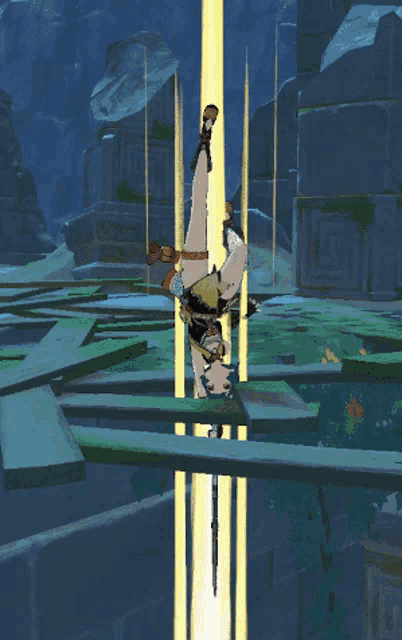 a video game character is doing a handstand with a sword