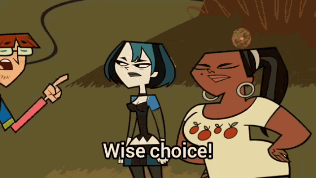 three cartoon characters are standing next to each other and one of them is wearing an apple shirt and says wise choice