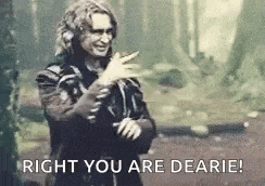 a man in a black and white photo is pointing at something and saying `` right you are dearie ! ''