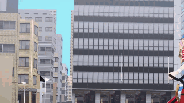 a cartoon character is standing in front of a very tall building