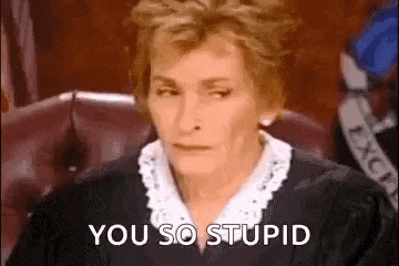 a judge is sitting in a courtroom with a serious look on her face and says `` you so stupid '' .