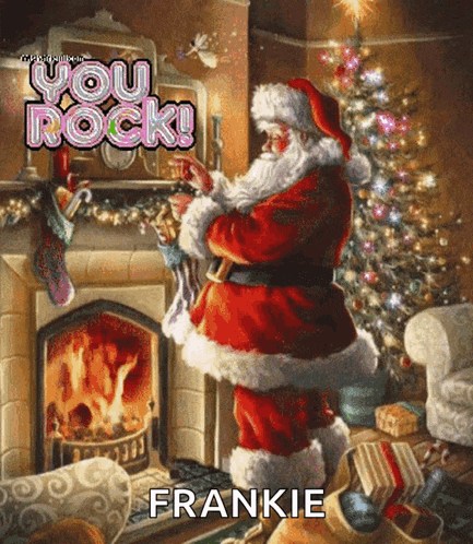a painting of santa claus standing in front of a fireplace with the name frankie on the bottom right