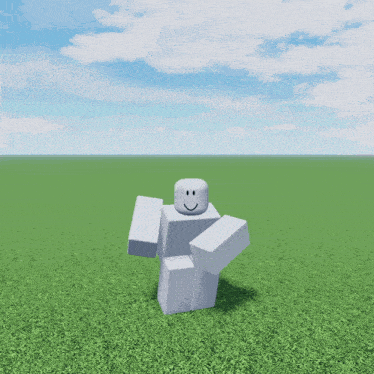 a roblox character with a smile on his face is standing in a grassy field