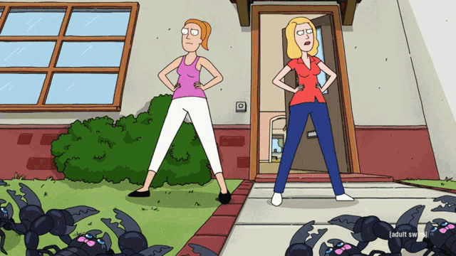 a cartoon of two women standing in front of a house that says adult swim at the bottom