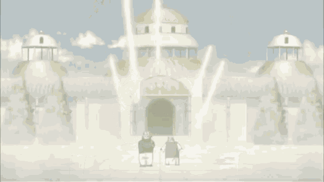 a couple of cartoon characters standing in front of a building with a lot of lights coming out of it .