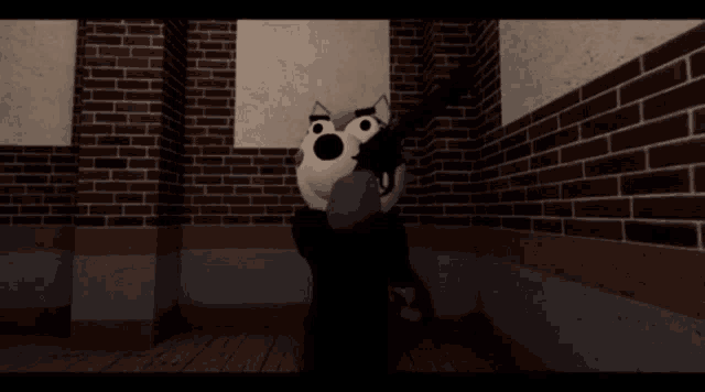 a cartoon character holding a gun in a dark room