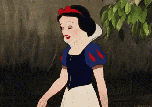 a cartoon of snow white from snow white and the seven dwarfs is walking in the woods .