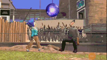 a video game scene with a disco ball and a sign that says zoo