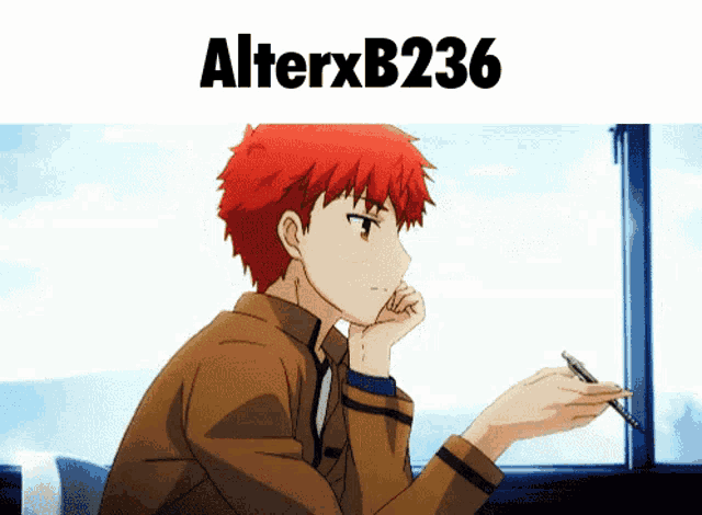 a boy with red hair is holding a pen and looking out a window with alterxb236 written above him