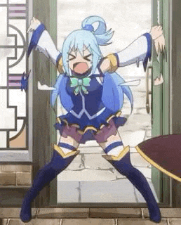 aqua is standing in front of a door with her arms outstretched and making a funny face .