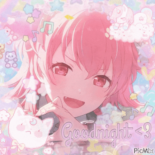 a picture of a girl with pink hair and the words goodnight on the bottom