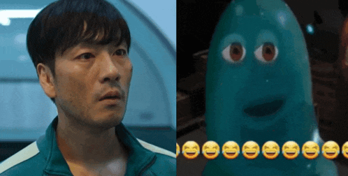 a man in a green jacket next to a picture of a ghost with smiley faces