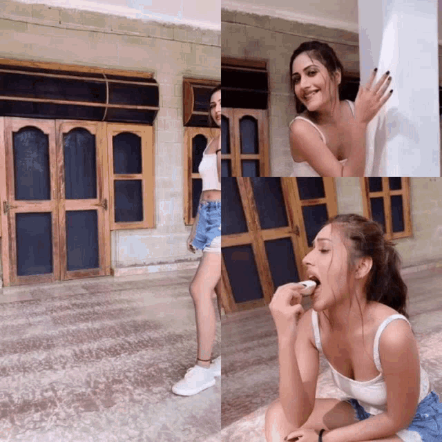a woman in a white tank top and shorts is eating a cookie