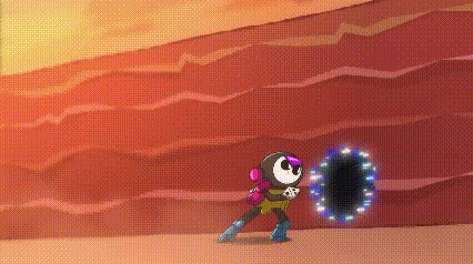 a cartoon character is standing in front of a red wall and a black hole in the ground .