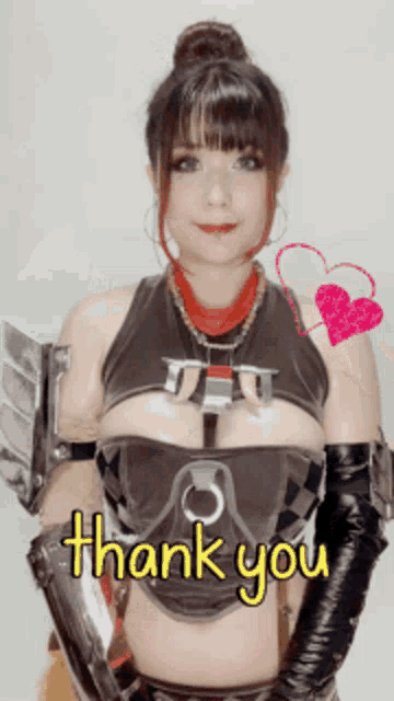 a woman in a costume with the words thank you written on it