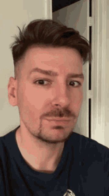 a man with a beard is wearing a blue shirt and looking at the camera